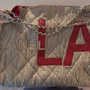 CHANEL Quilted Silver Tote with Coral Lettering and Silver Chain